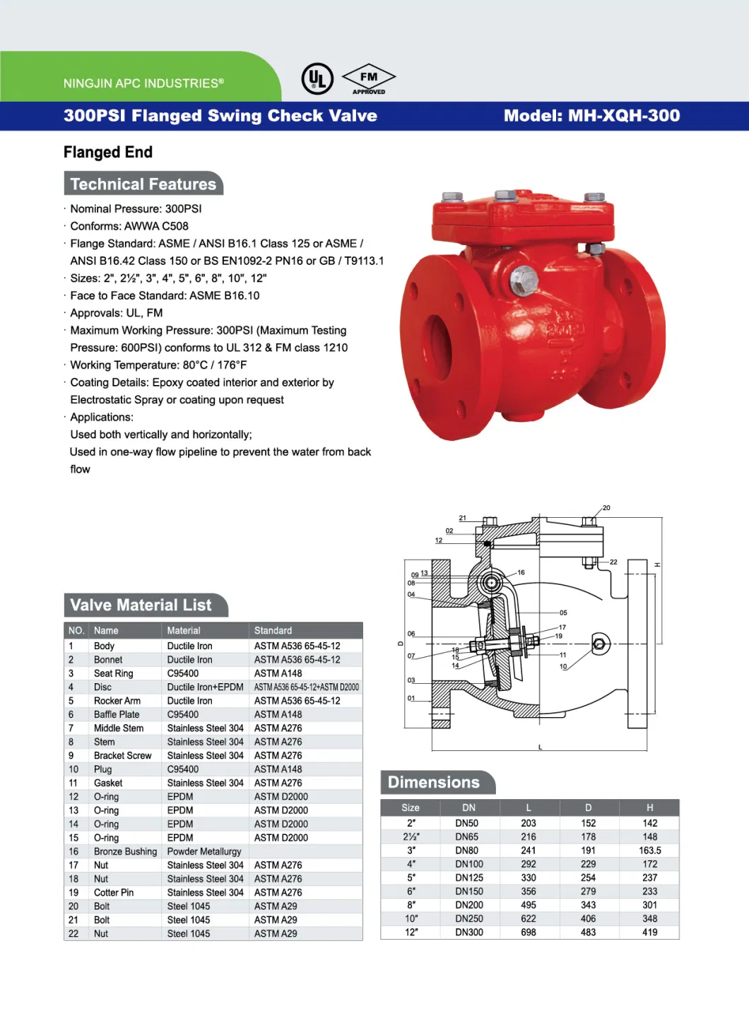 300psi Swing Check Valve Flange Type FM UL Approved Fire Protection Equipment